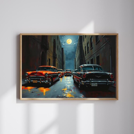 Classic Cars Moonlit City Street Night Vintage Automotive Art Poster