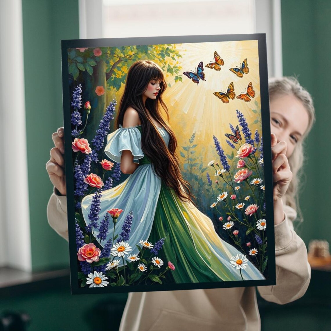 Woman in Flowing Gown Among Wildflowers and Butterflies Poster