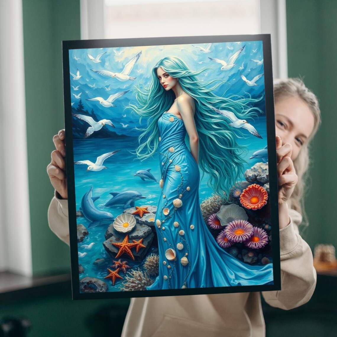 Ocean Lady in Blue Shell Gown with Dolphins Fantasy Seascape Poster