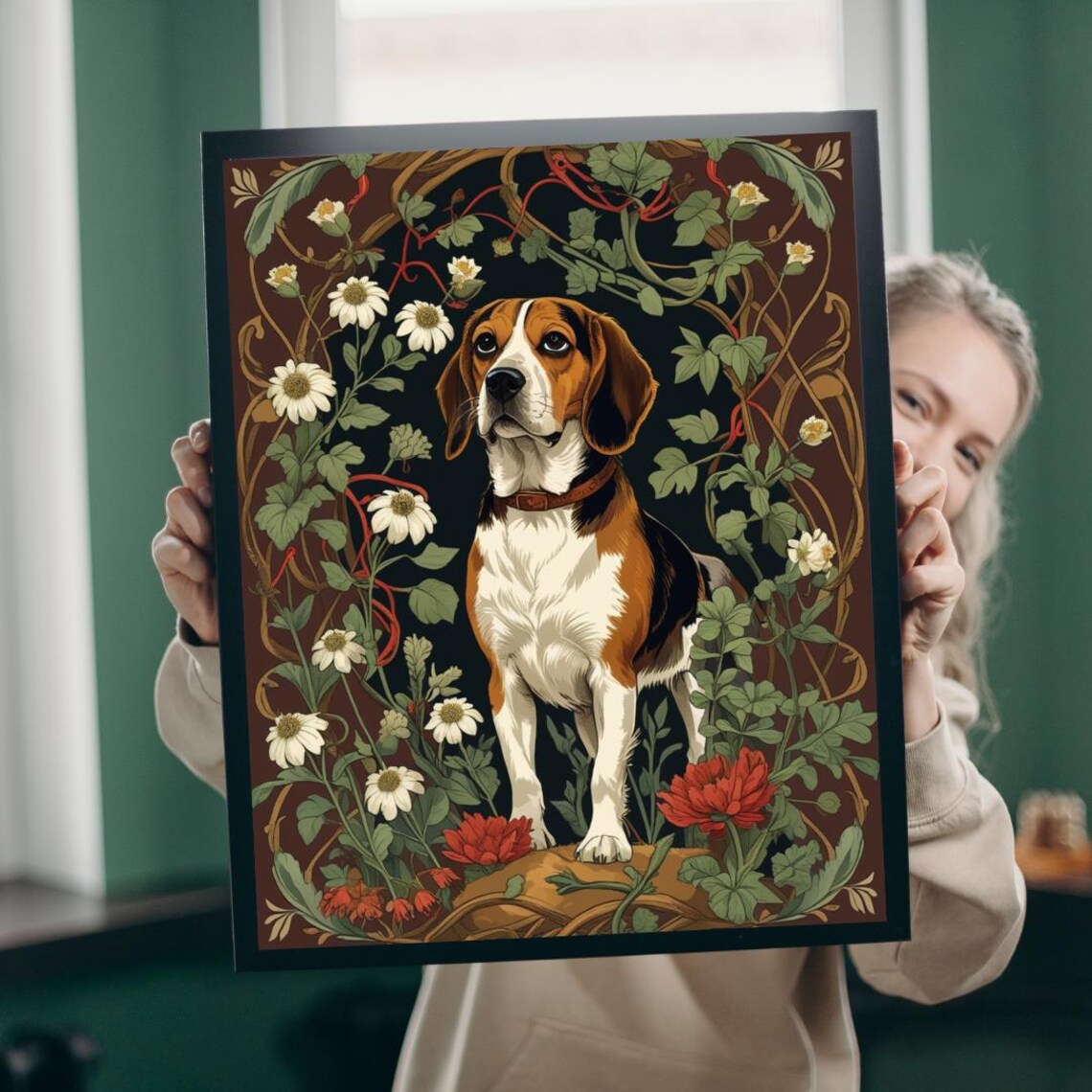 Vintage Beagle Art Print, William Morris Floral Dog