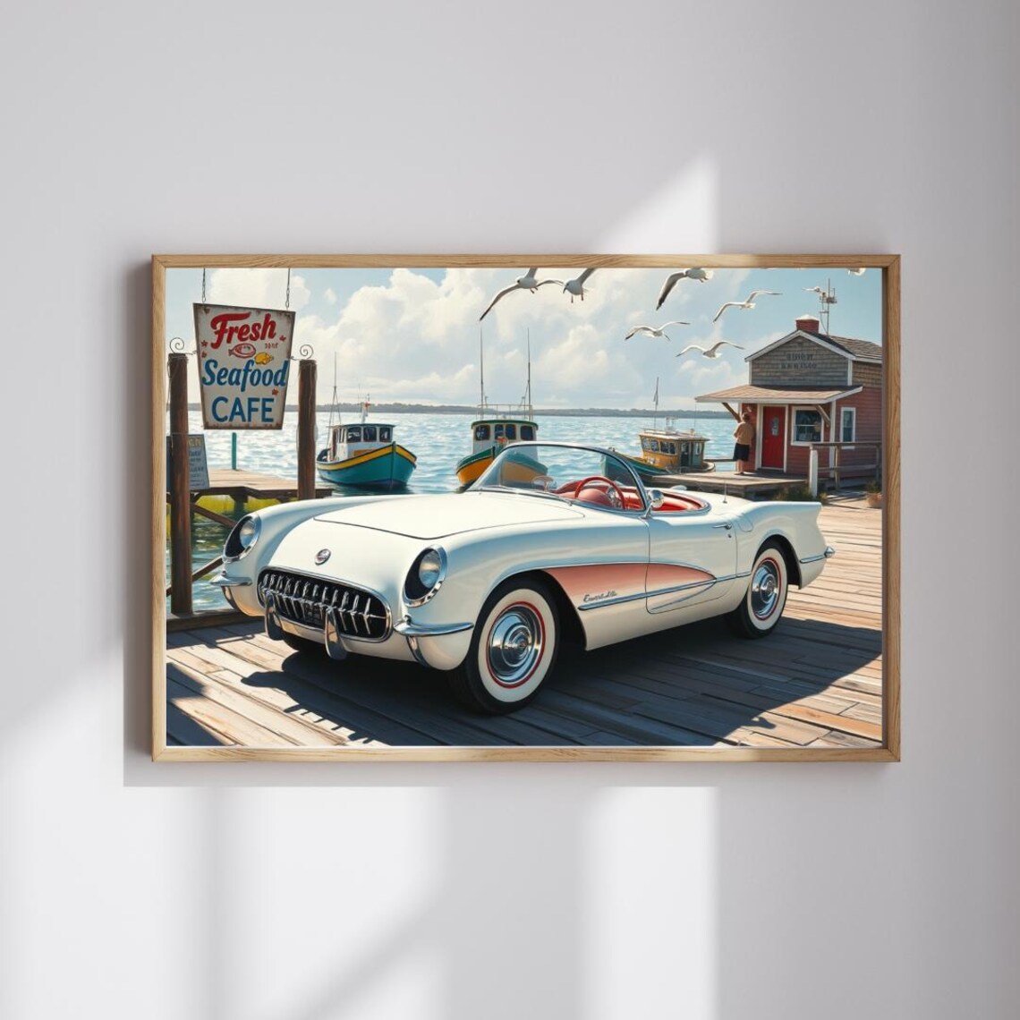 Vintage Corvette Convertible Seafood Cafe Pier Harbor Art Print