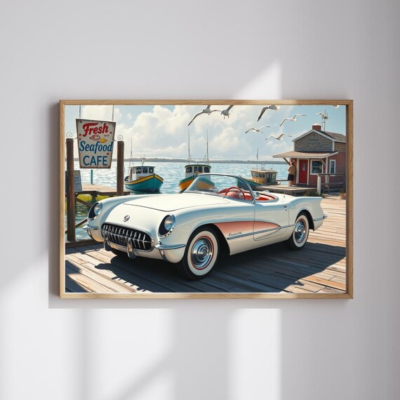 Vintage Corvette Convertible Seafood Cafe Pier Harbor Art Print