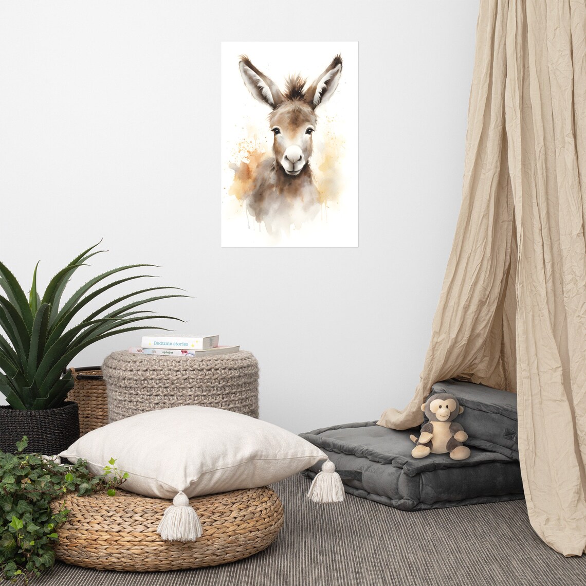 Cute Baby Donkey Watercolor Nursery Farm Animal Kids Room Wall Decor Poster