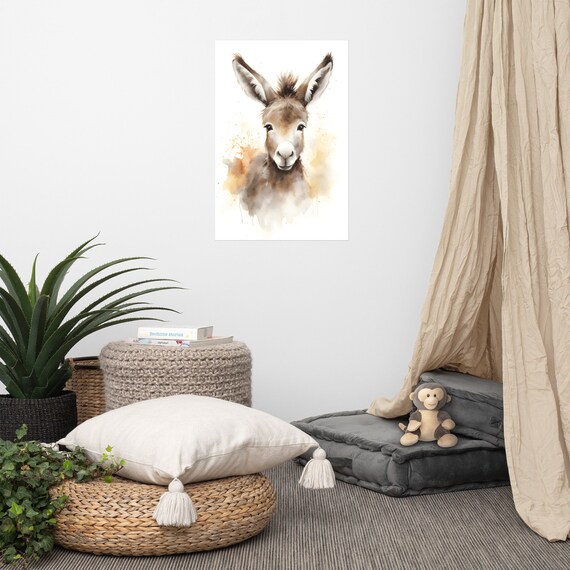 Cute Baby Donkey Watercolor Nursery Farm Animal Kids Room Wall Decor Poster