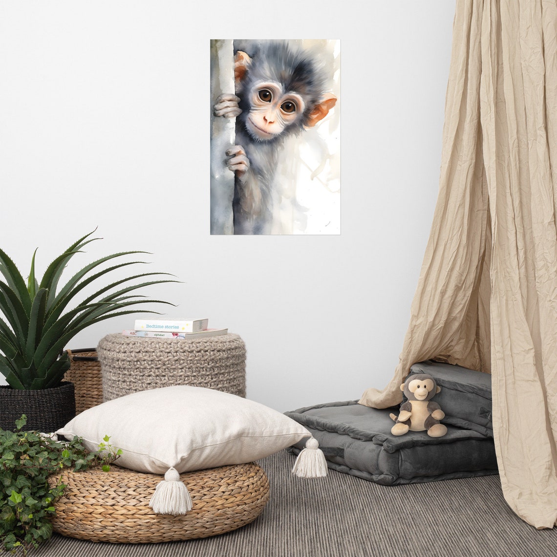 Cute Baby Monkey Peeking Watercolor Painting Nursery Decor Poster