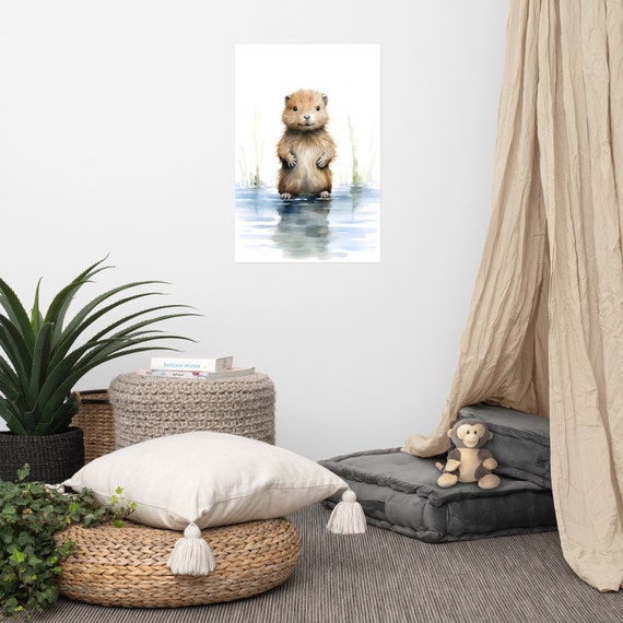 Cute Beaver Poster Baby Art Nursery Watercolor Adorable Animal Childrens Room Wall