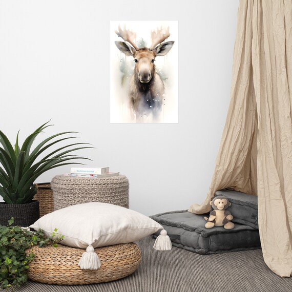 Cute Baby Moose Watercolor Nursery Portrait Poster for Kids Room Decor