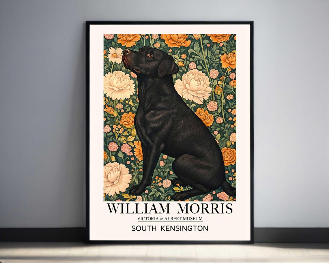 William Morris Black Labrador Peony Botanical Exhibition Poster