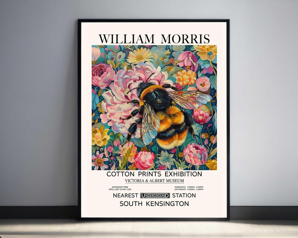 William Morris Bumble Bee Over Pink Florals Museum Exhibition Poster