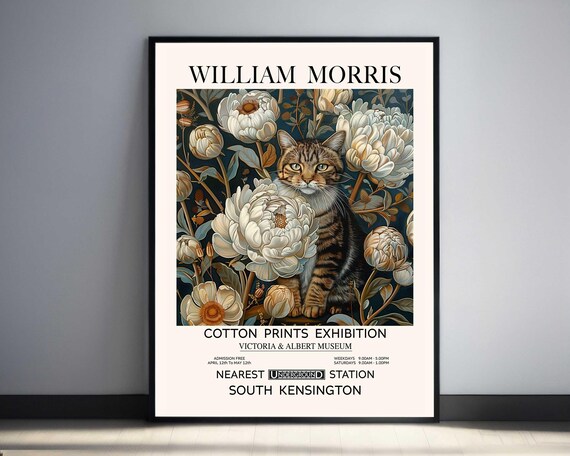 William Morris Tabby Cat Among White Peonies Exhibition Poster