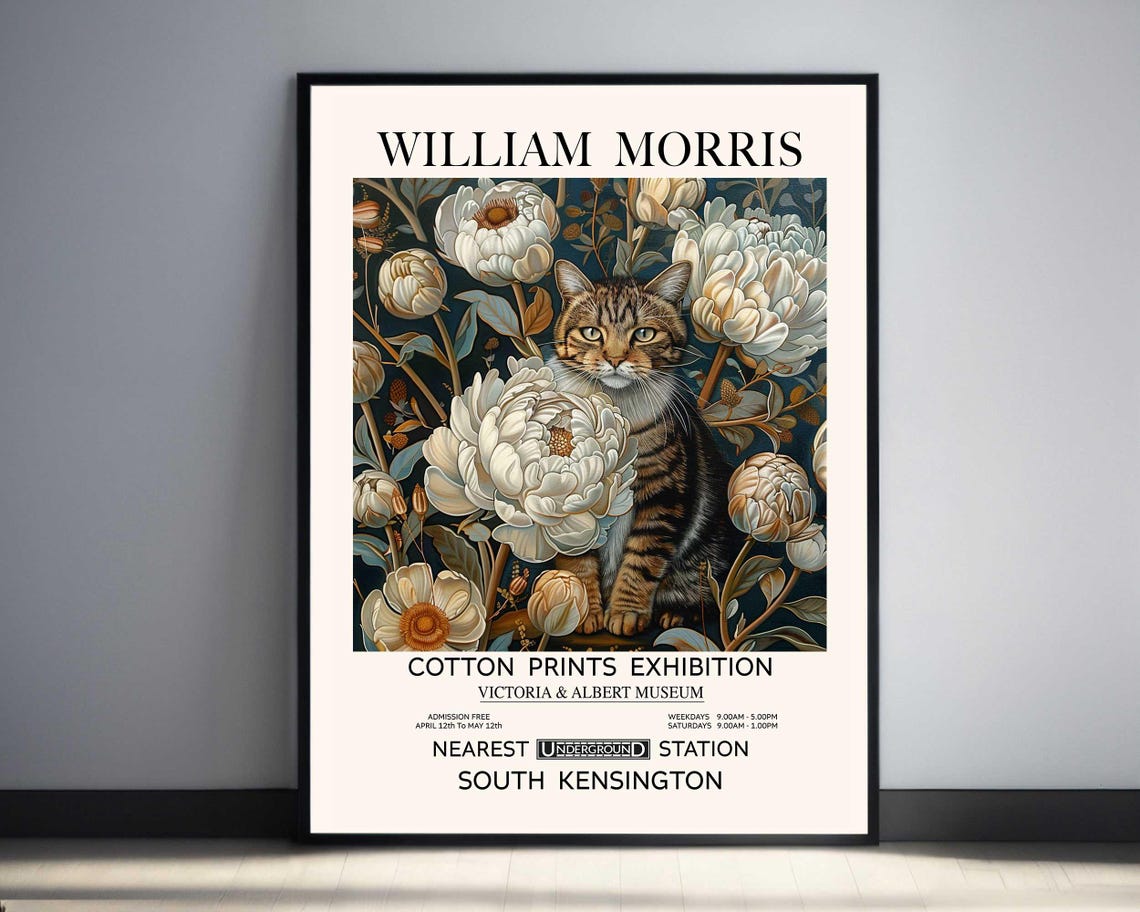 William Morris Tabby Cat Among White Peonies Exhibition Poster
