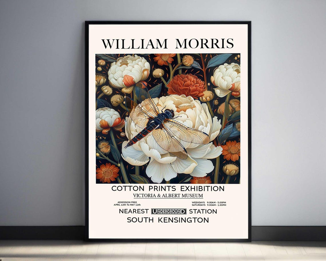 William Morris Dragonfly Over White Peonies Exhibition Poster