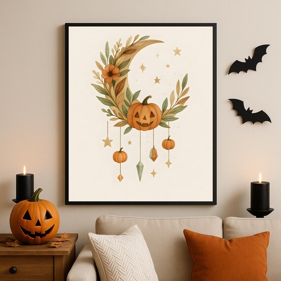 Halloween Moon Wall Art Pumpkin Boho Print Autumn Witchy Decor Minimalist Fall Artwork Neutral Home