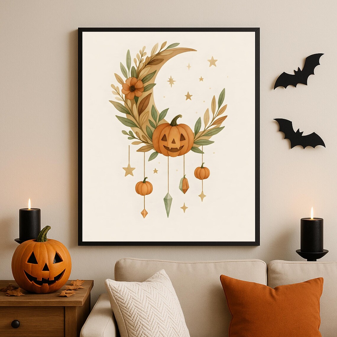 Halloween Moon Wall Art Pumpkin Boho Print Autumn Witchy Decor Minimalist Fall Artwork Neutral Home