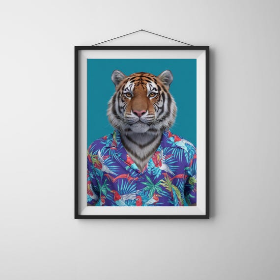 Cool Tiger In Tropical Shirt Wall Art Animal Portrait For Jungle Safari Themed Room Or Eclectic Home Decor