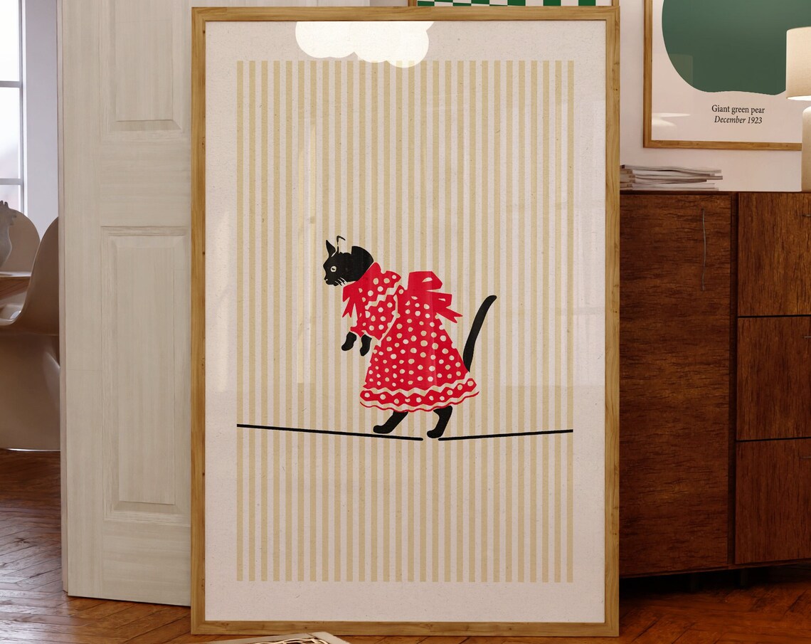 Black Cat Red Polka Dot Dress Striped Retro Animal Art Poster - Image 2