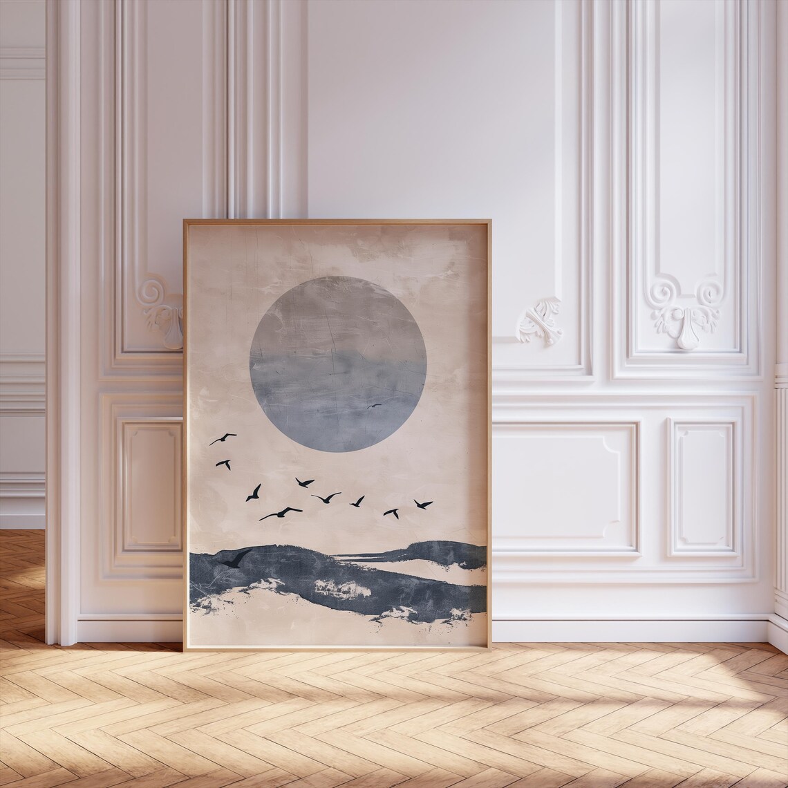 Japanese Minimalist Abstract Poster, Blue Sun Landscape