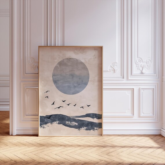 Japanese Minimalist Abstract Poster, Blue Sun Landscape