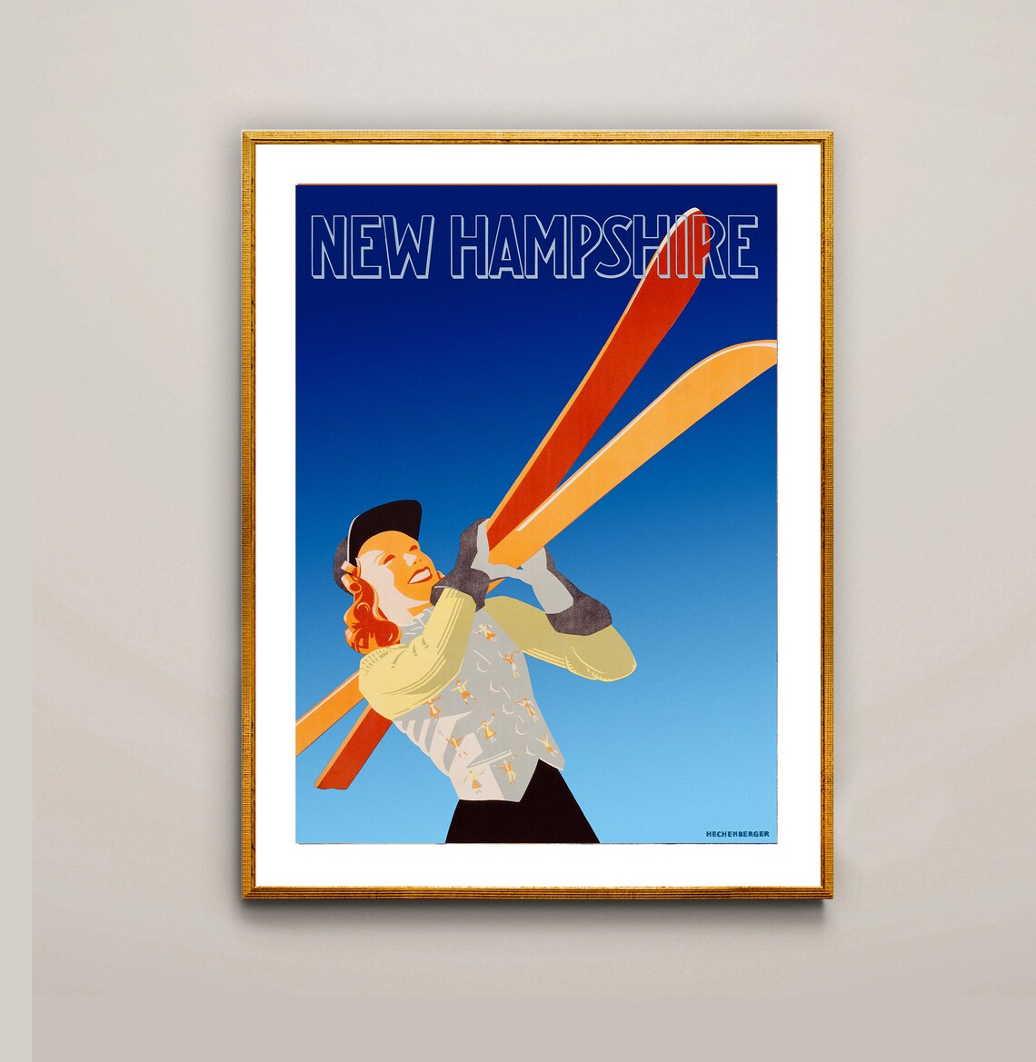 New Hampshire Lady Skier Red Hair Art Deco Vintage Ski Poster - Image 2