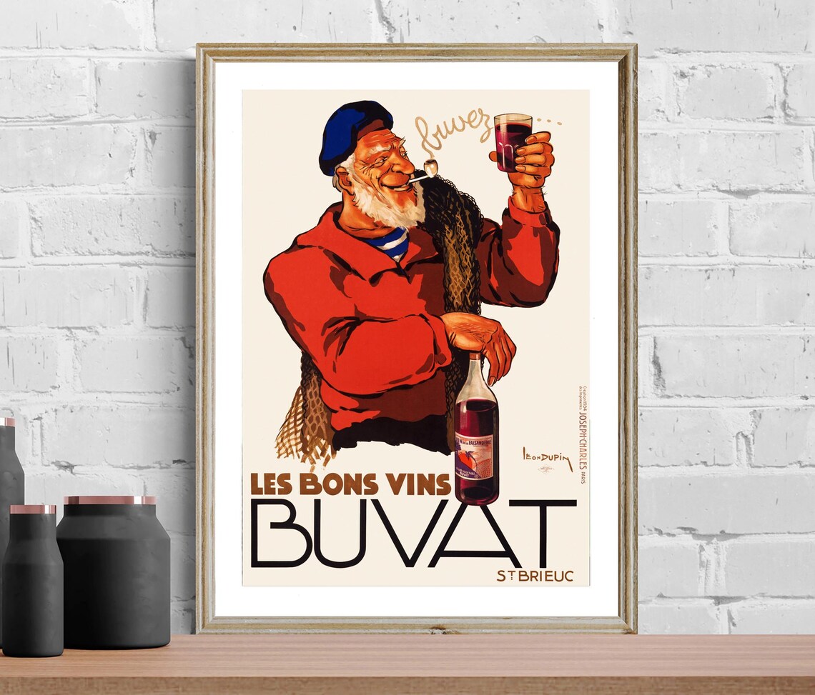 Les Bons Vins Buvat St Brieuc Fisherman Pipe French Wine Art Poster - Image 3