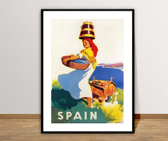 Vintage Spain Travel Tourism Poster Woman Basket Seaside Scene