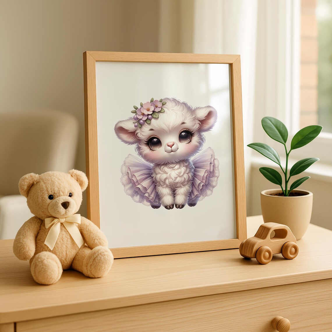 Sweet Baby Lamb In Lavender Tutu With Floral Headband Nursery Art Poster - Image 3