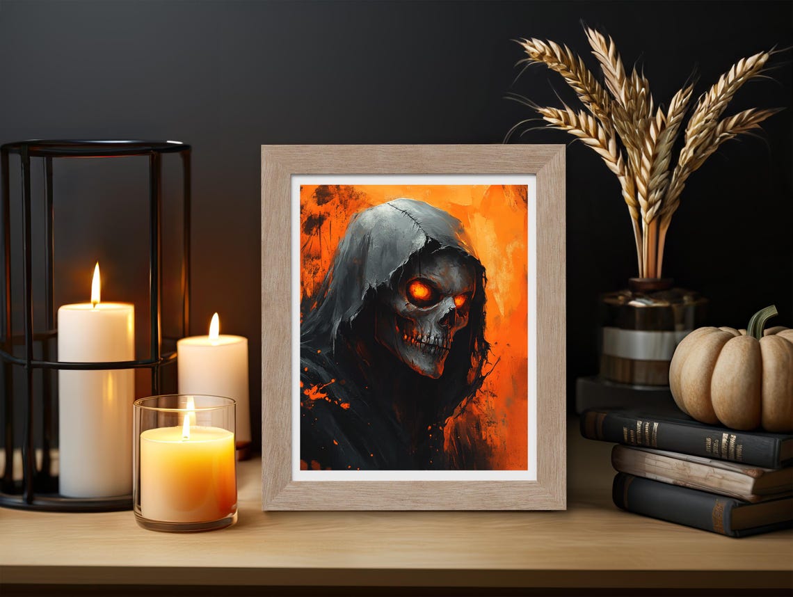 Grim Reaper Hooded Skull With Glowing Eyes Dark Halloween Poster - Image 3
