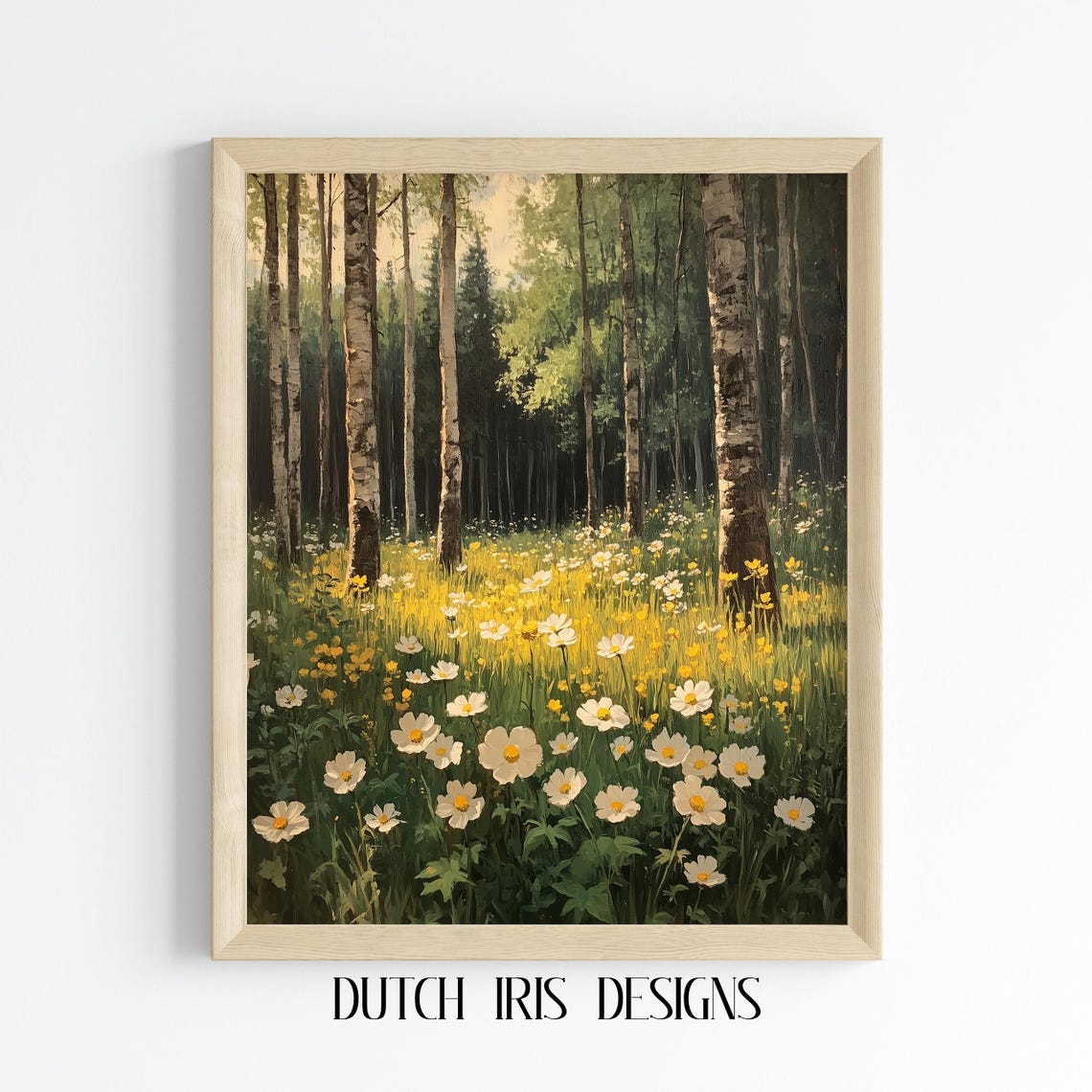 Birch Forest Meadow With Daisies Golden Sunlight Rustic Nature Poster