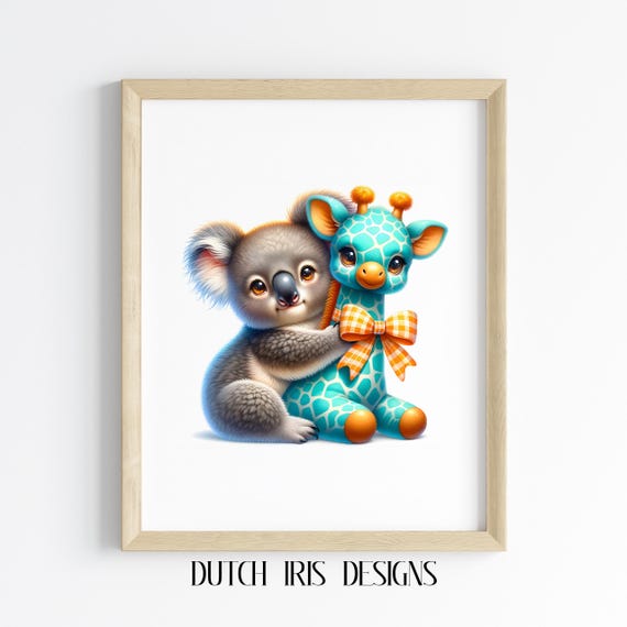 Baby Koala And Toy Giraffe Art Cute Nursery Decor Whimsical Animal Illustration Room Wall Kids Print 262
