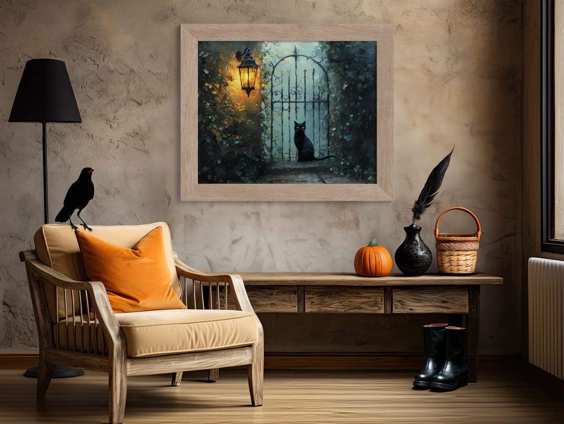 Black Cat By Iron Garden Gate Under Glowing Lantern Night Poster - Image 4