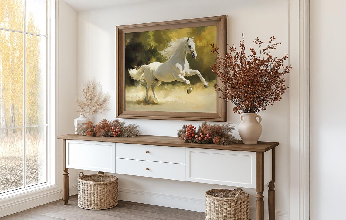 White Stallion Galloping Through Golden Autumn Woods Equine Poster - Image 3