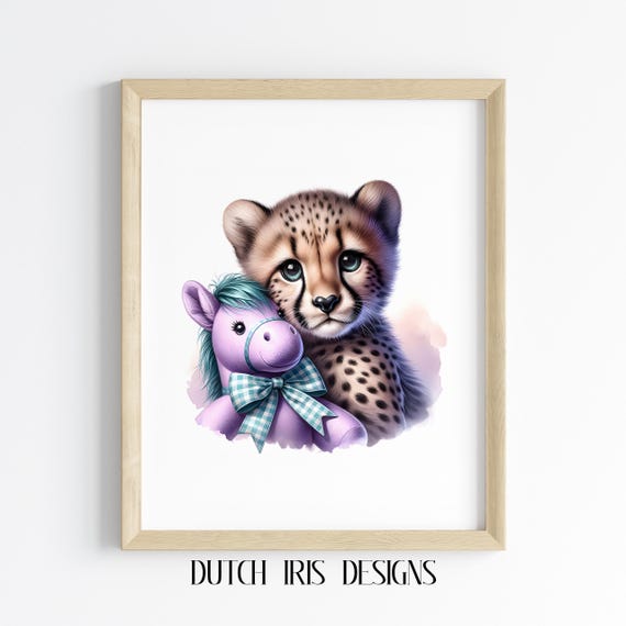 Baby Cheetah With Toy Horse Cute Nursery Wall Art Animal Decor Whimsical Print For Kids Room Playful Safari 260