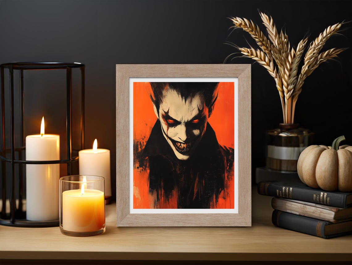 Vampire Portrait With Red Eyes On Orange Background Halloween Poster - Image 3