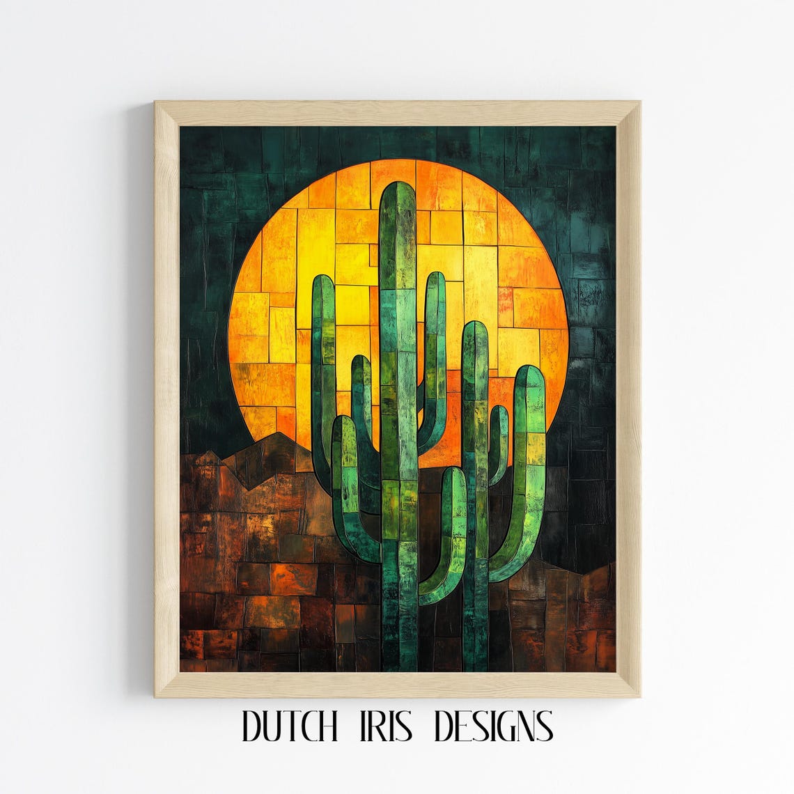 Cubist Saguaro Cactus Under Giant Sun Southwestern Desert Poster