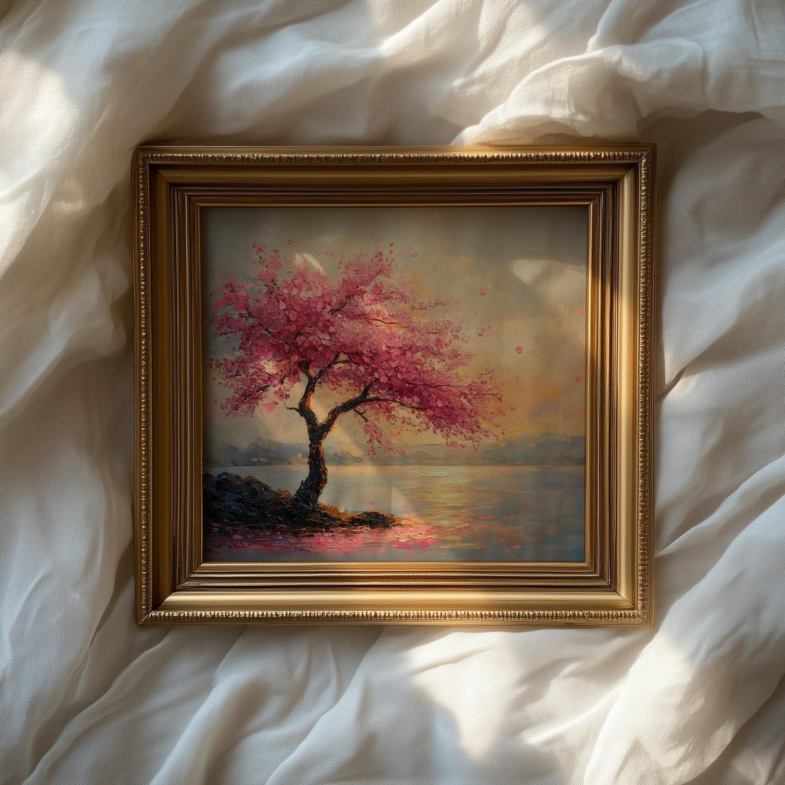 Cherry Blossom Tree By Calm Water At Golden Sunset Spring Art Poster - Image 2