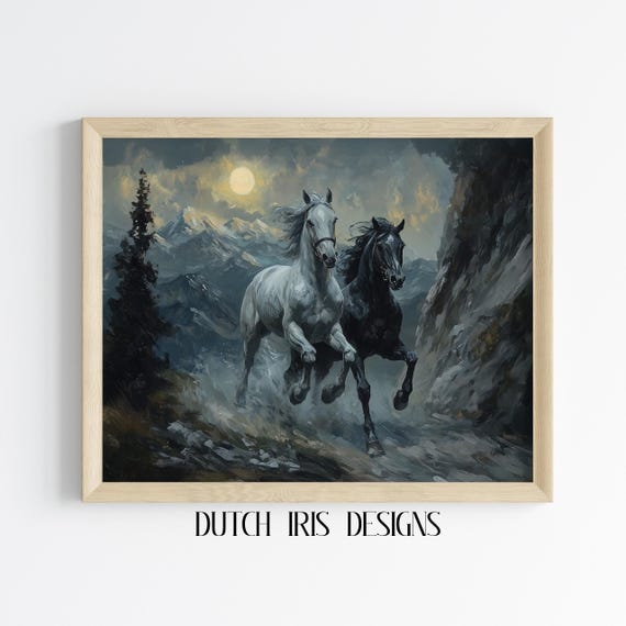 Moody Horse Wall Art Two Mares At Dusk Rustic Equine Landscape Painting Vintage Style Decor Print 173