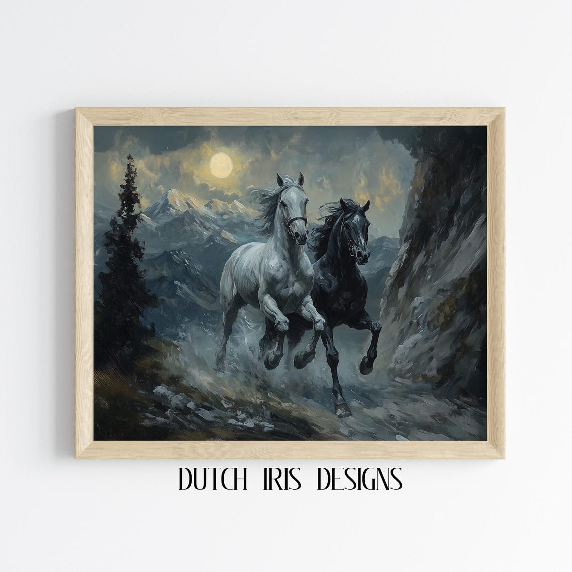 Black And White Horses Galloping Under Moonlight Mountain Art Poster