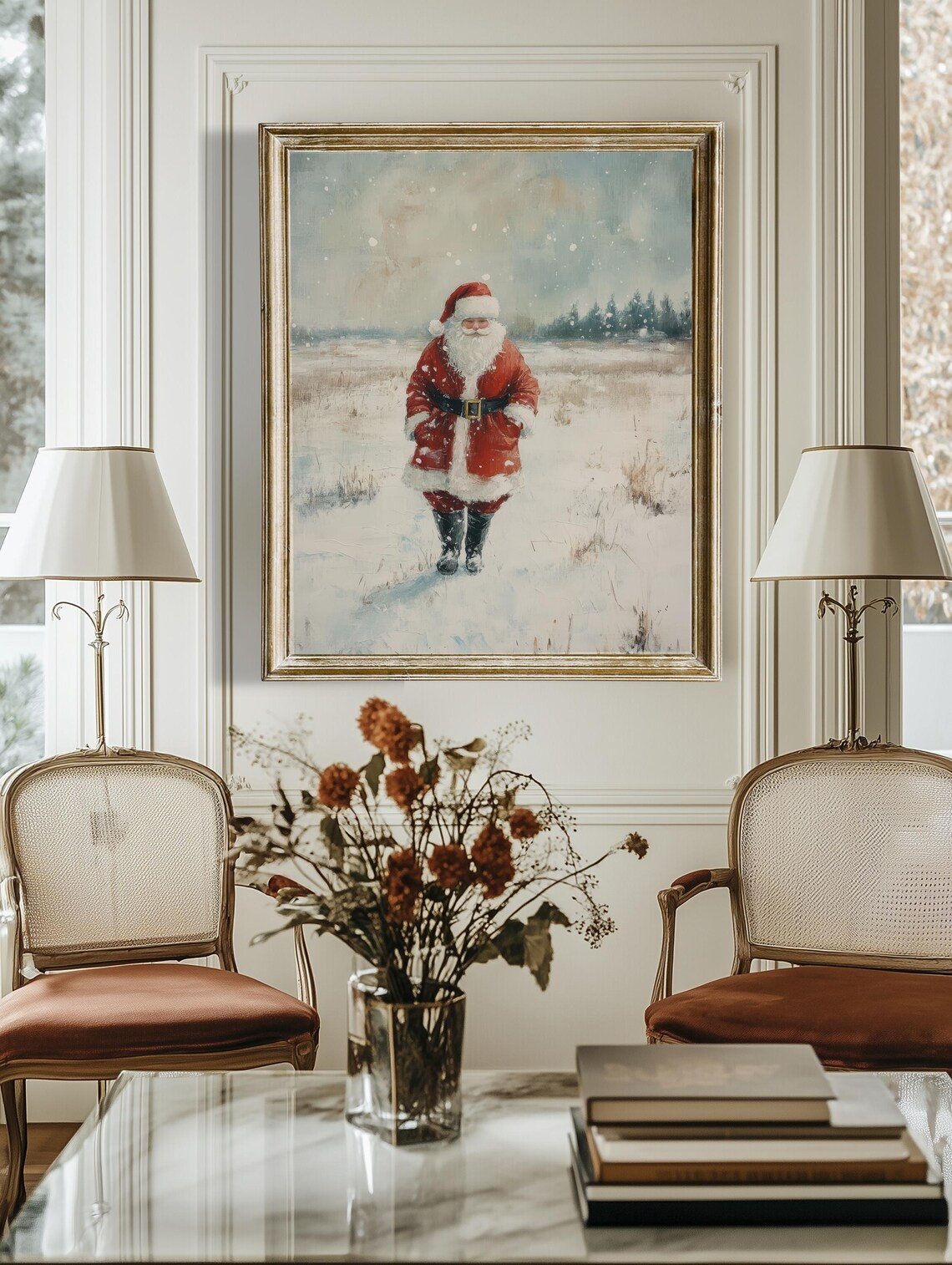 Vintage Santa Walking Through Snowy Field Rustic Christmas Scene Poster - Image 4