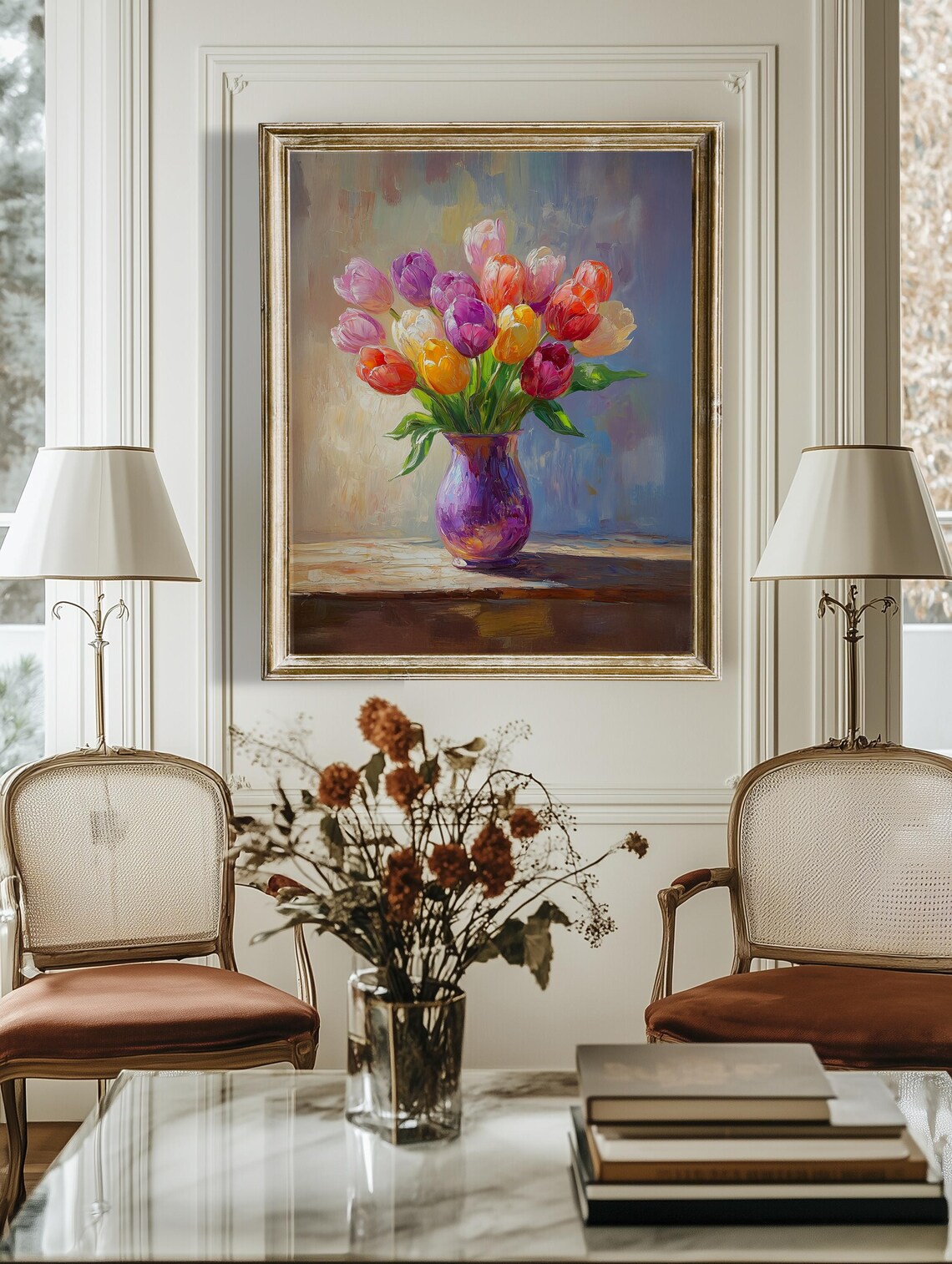 Colorful Tulip Bouquet In Purple Vase Vibrant Spring Floral Poster - Image 4