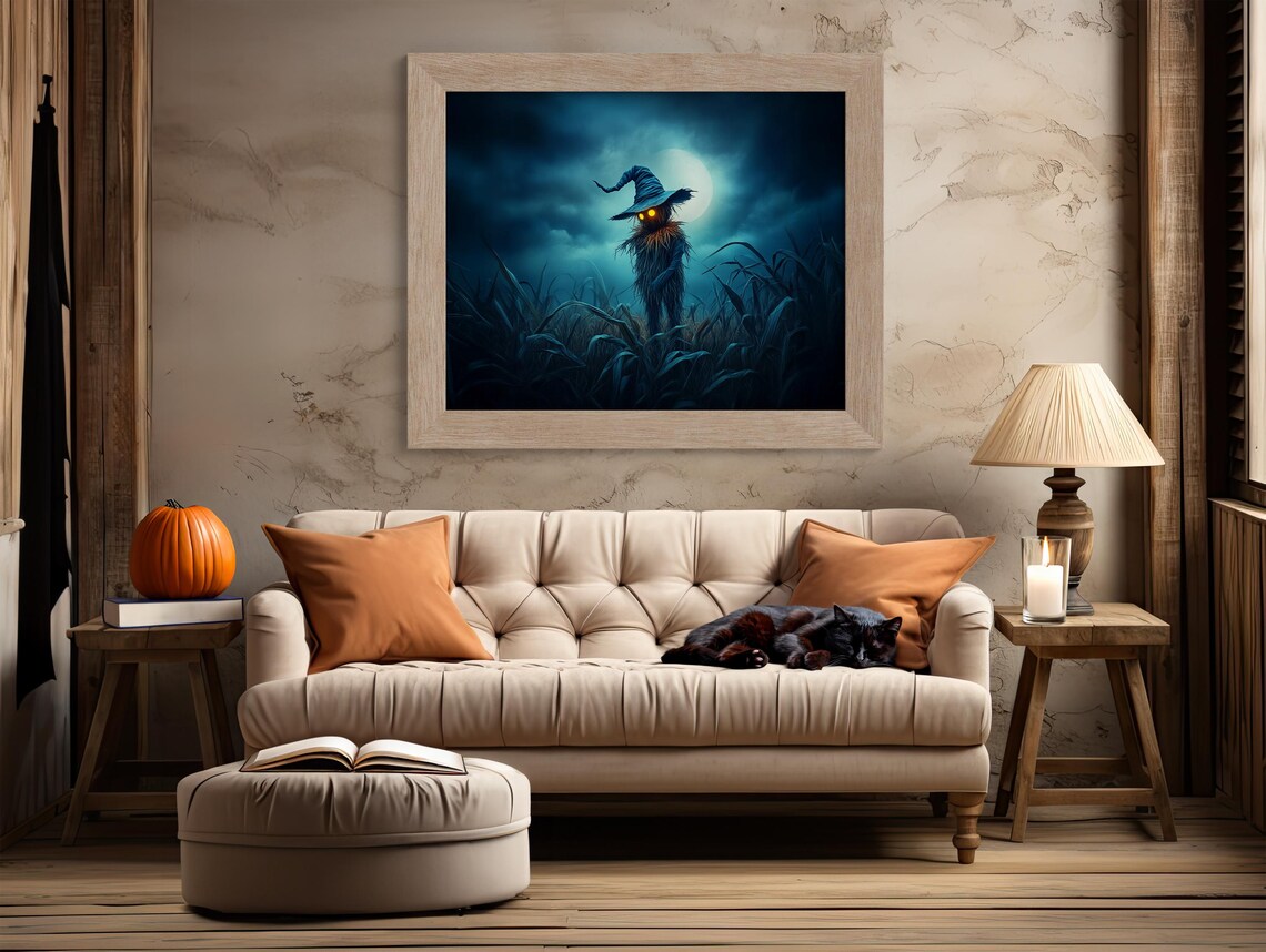 Creepy Scarecrow with Glowing Eyes in a Moonlit Cornfield Night Poster - Image 2