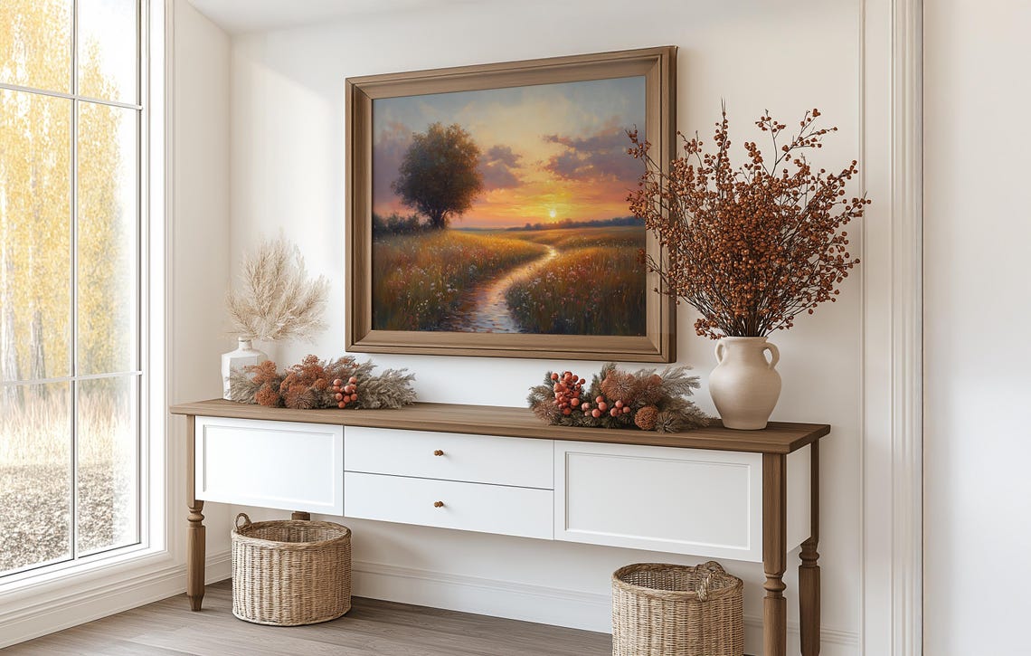 Winding Stream Through Golden Meadow At Sunset Countryside Poster - Image 3