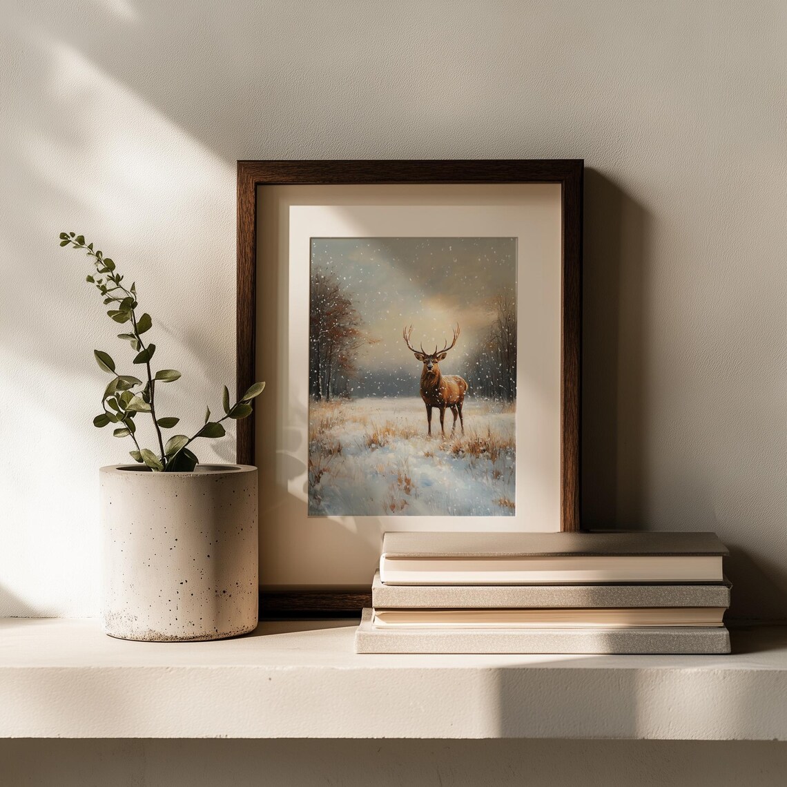 Majestic Stag in Snowy Forest Winter Wildlife Oil Painting Poster - Image 2