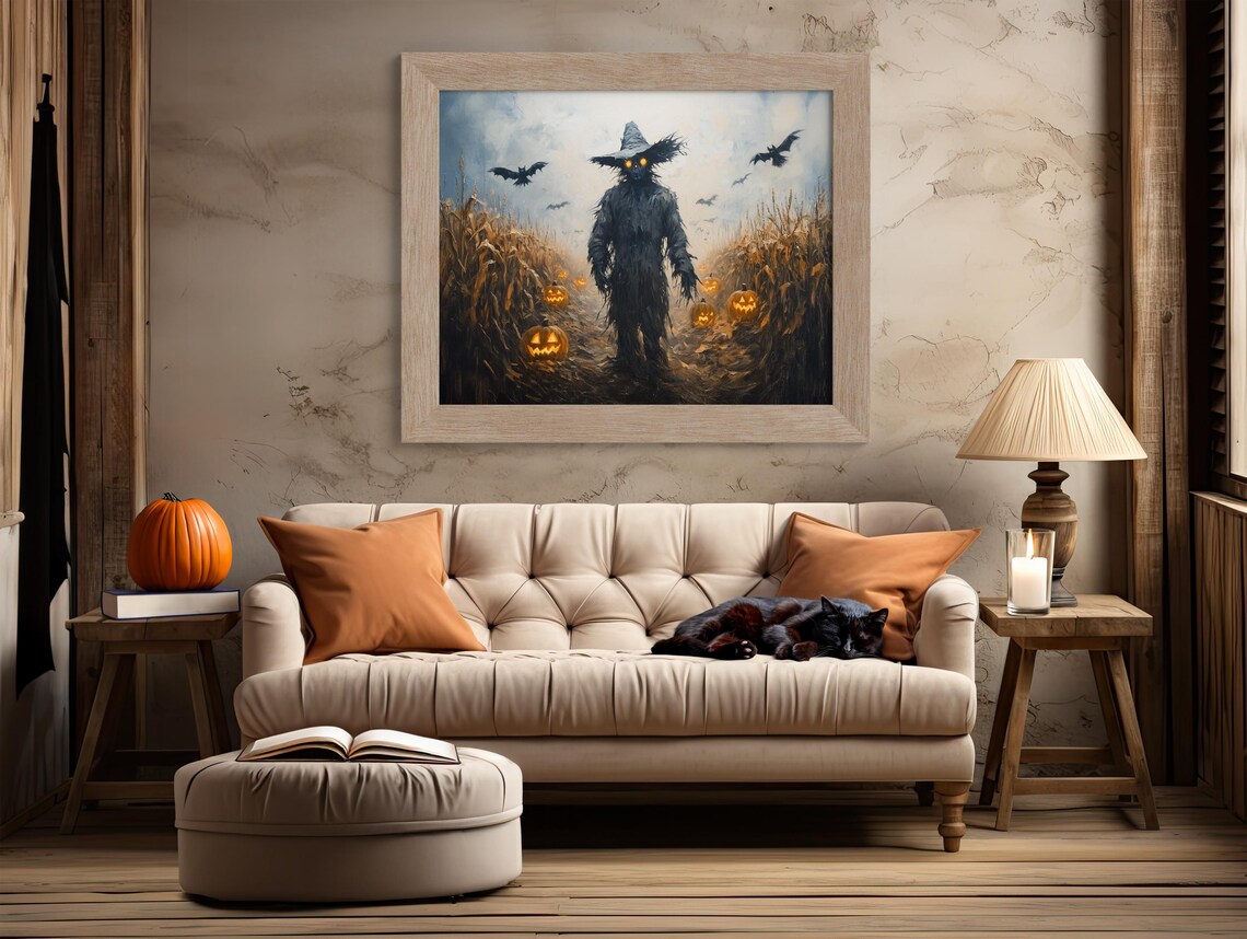 Scarecrow With Glowing Eyes In Cornfield Jack O Lantern Halloween Poster - Image 2
