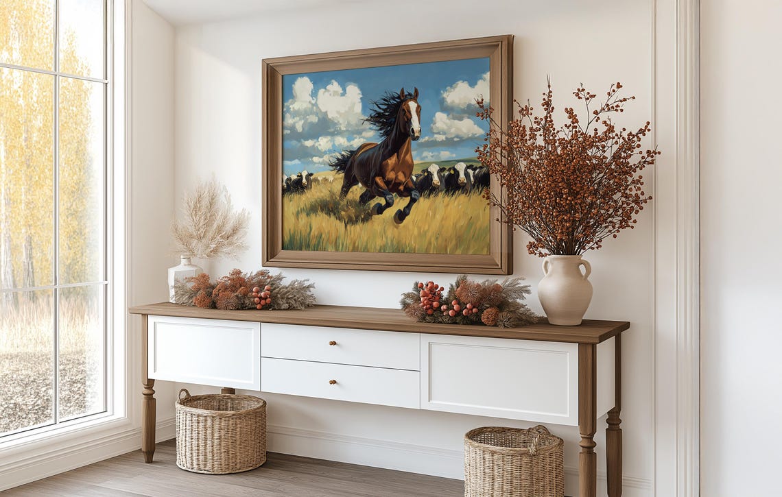 Brown Horse Running In Golden Wheat Field With Cattle Rustic Poster - Image 3