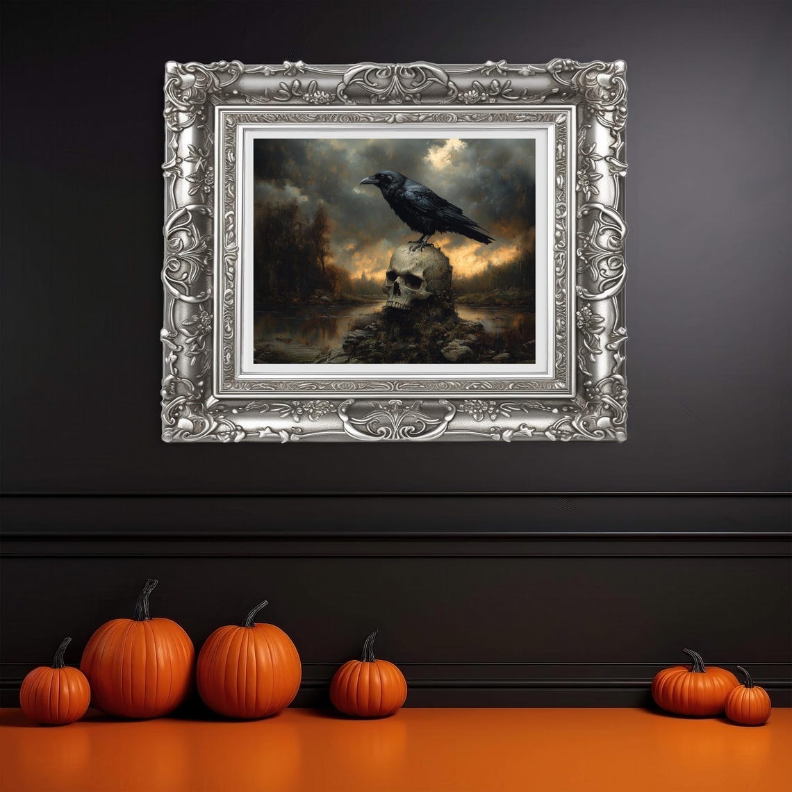 Moody Raven Perched On Human Skull Over Dark River Gothic Art Poster - Image 3