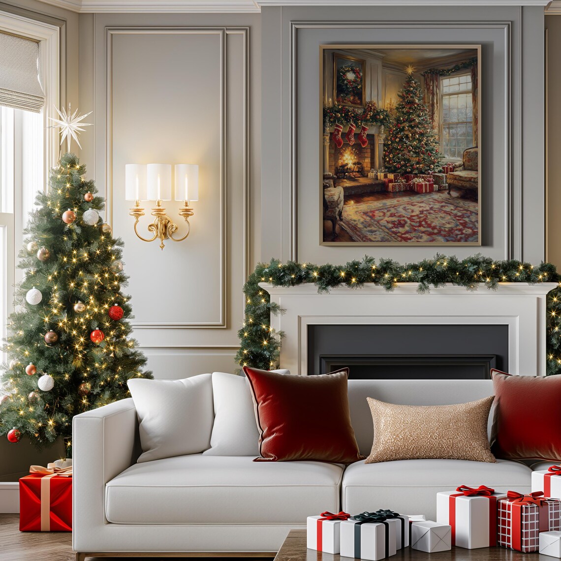 Cozy Christmas Living Room Fireplace Holiday Scene Painting Poster - Image 4