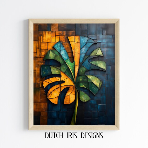 Abstract Monstera Leaf Cubist Tropical Wall Art Modern Botanical Design Vibrant Plant Decor Geometric Painting 611
