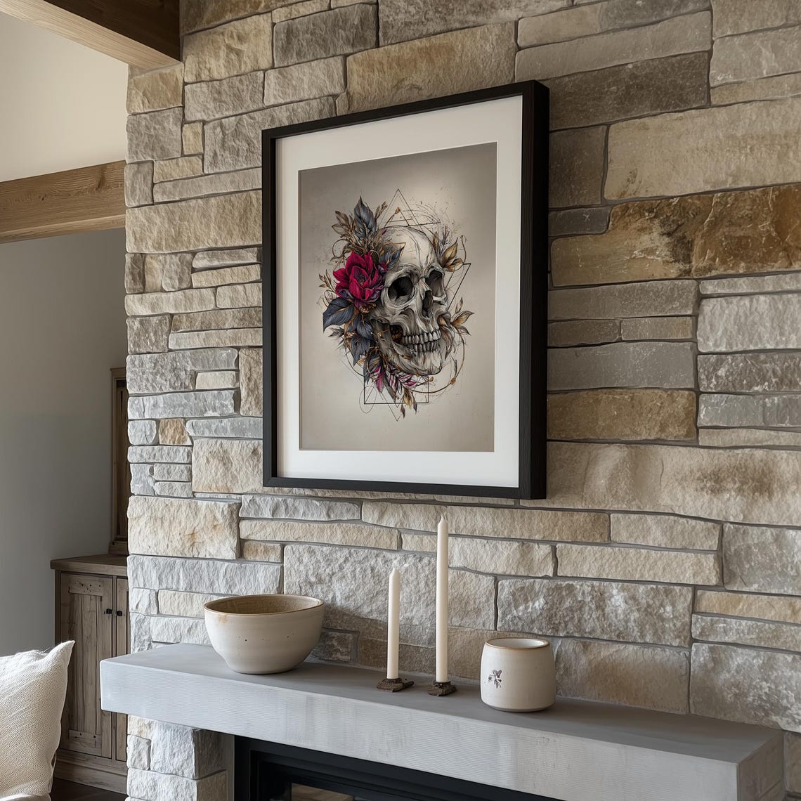 Skull With Red Flower Geometric Line Art Intricate Gothic Skull Poster - Image 3