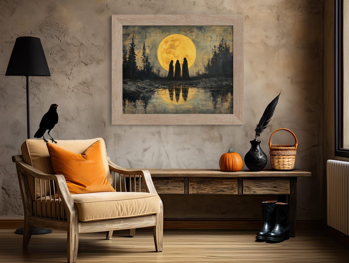Three Witches Beneath a Giant Golden Full Moon Lake Reflection Poster - Image 4