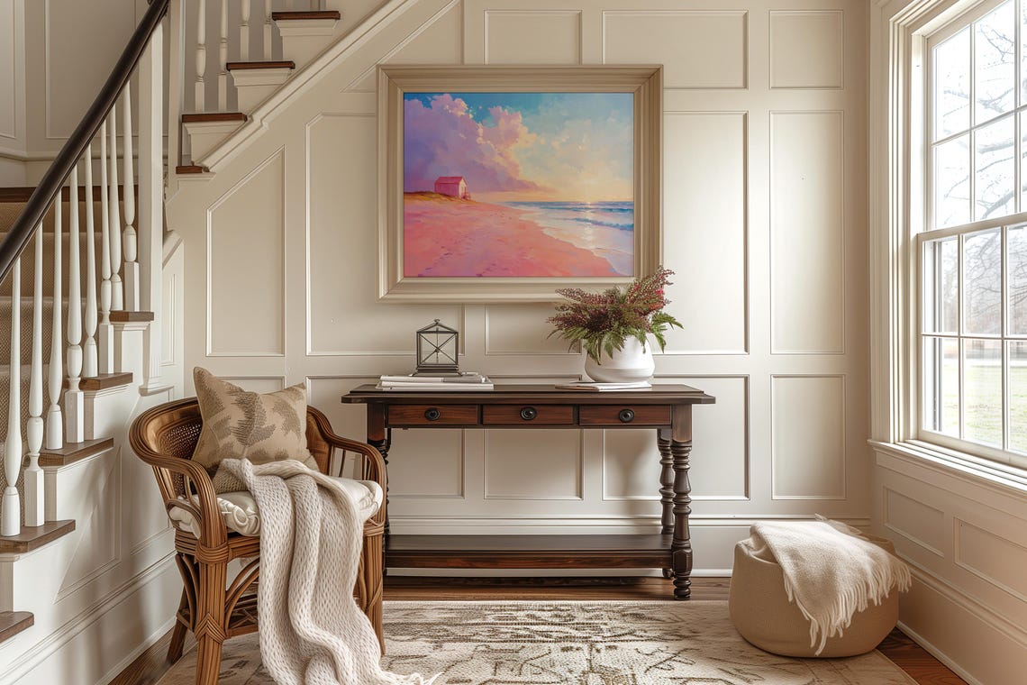 Pink Beach Sunrise With Little Hut Dreamy Coastal Seascape Poster - Image 2